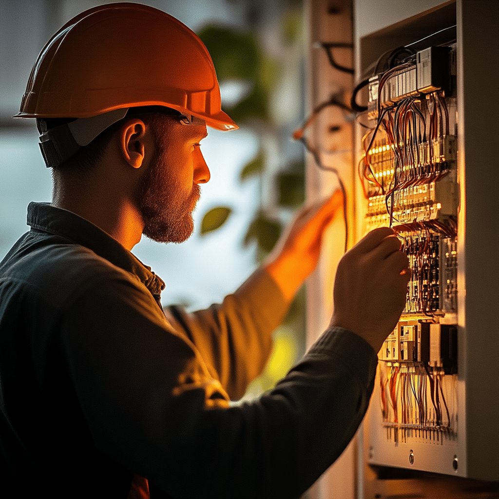 électricien en intervention sur tableau électrique en soirée