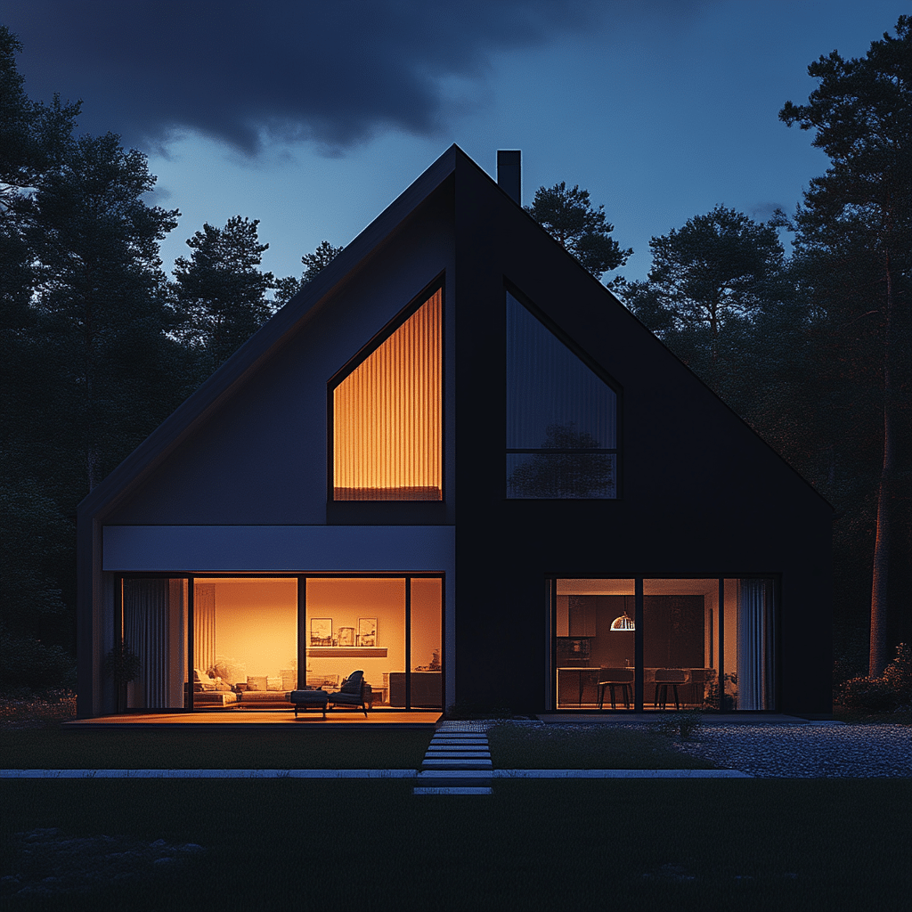 maison moderne connectée vue de nuit, éclairage intelligent