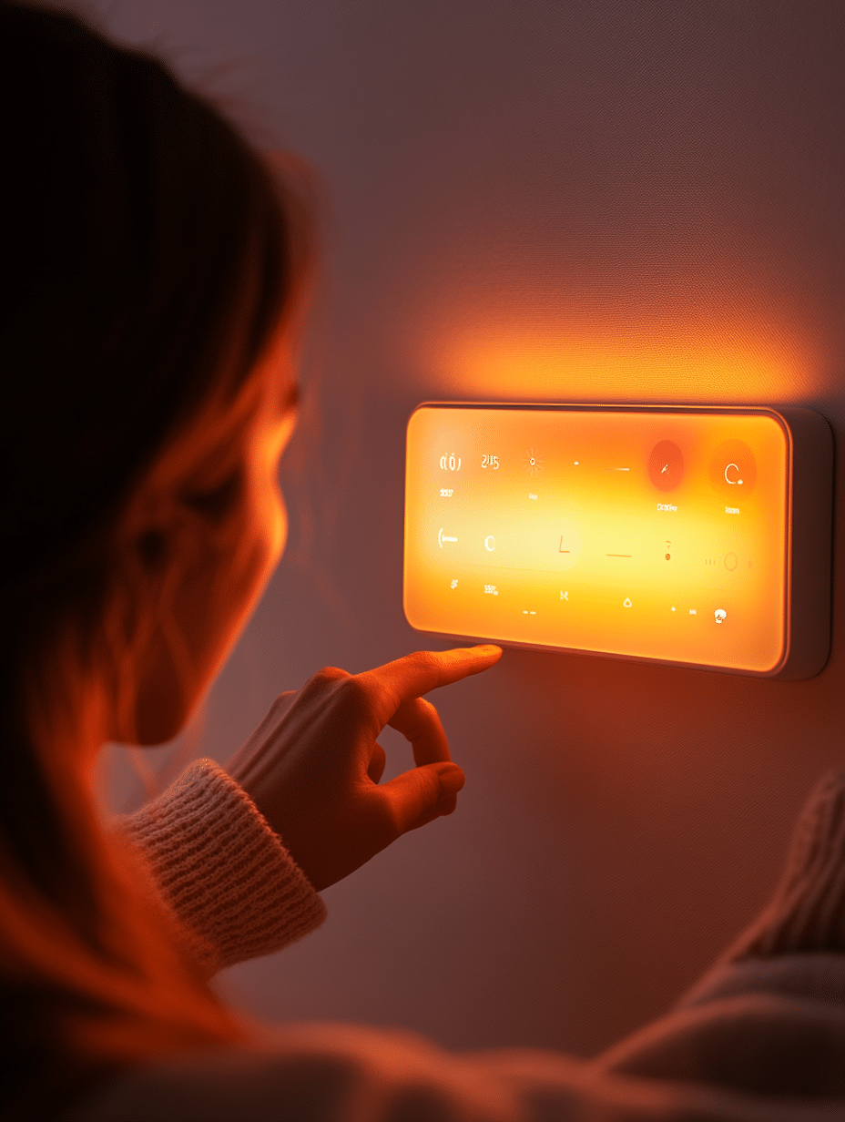 femme réglant l’ambiance lumineuse avec une tablette