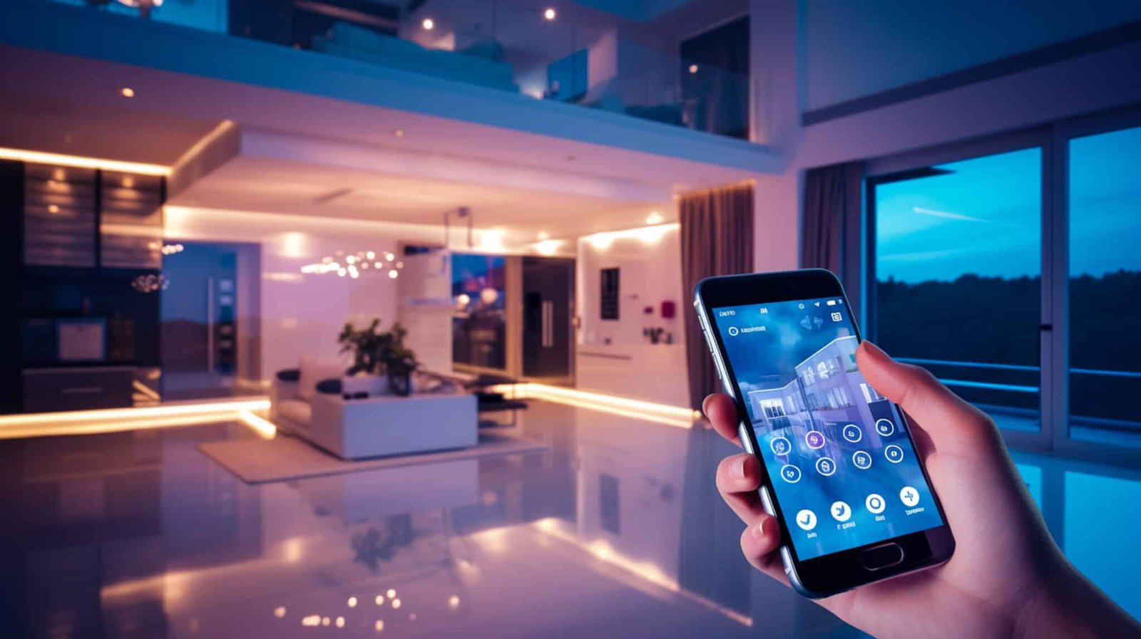 application mobile pilotant l’éclairage LED dans un salon moderne à Cabourg